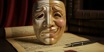 Máscara teatral sobre um contrato, simbolizando a seriedade dos acordos para atores de mini dramas.