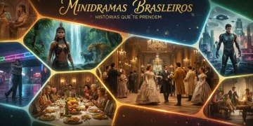Colagem vibrante de cenas e personagens de minidramas brasileiros, destacando a diversidade e qualidade das produções nacionais.