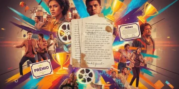 Colagem artística representando minidramas brasileiros premiados, com roteiros, estatuetas e diversidade de personagens.