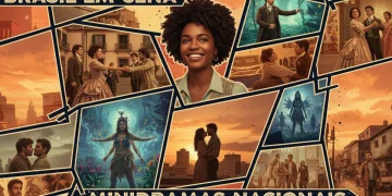Colagem vibrante de cenas e atores de minidramas nacionais de sucesso no Brasil em 2026.