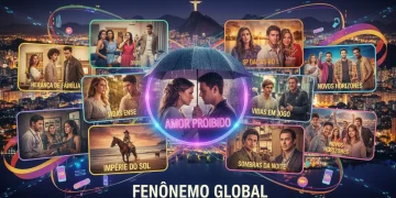 Colagem vibrante de minidramas populares, com personagens diversos e cenas dramáticas, contra o horizonte noturno de uma cidade brasileira, simbolizando a audiência e o impacto cultural.