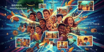 Mosaico cultural brasileiro com elementos visuais de minidramas, simbolizando a representatividade em 2026.