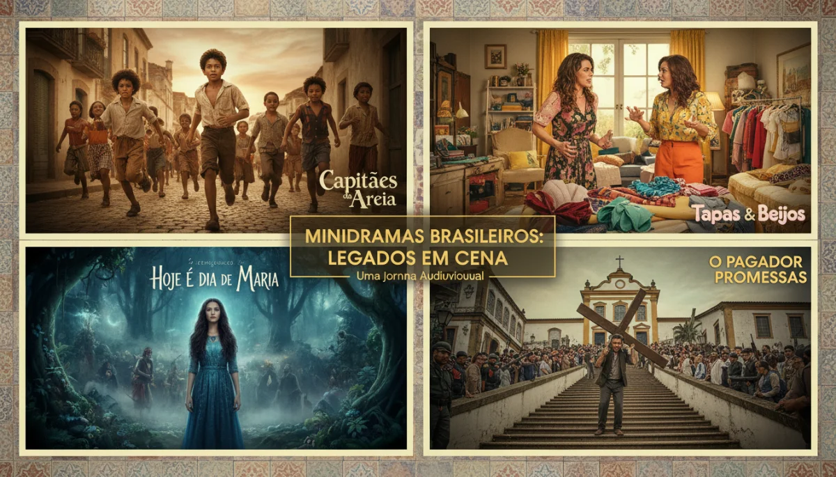 Montagem de cenas e personagens de diferentes minidramas nacionais brasileiros.
