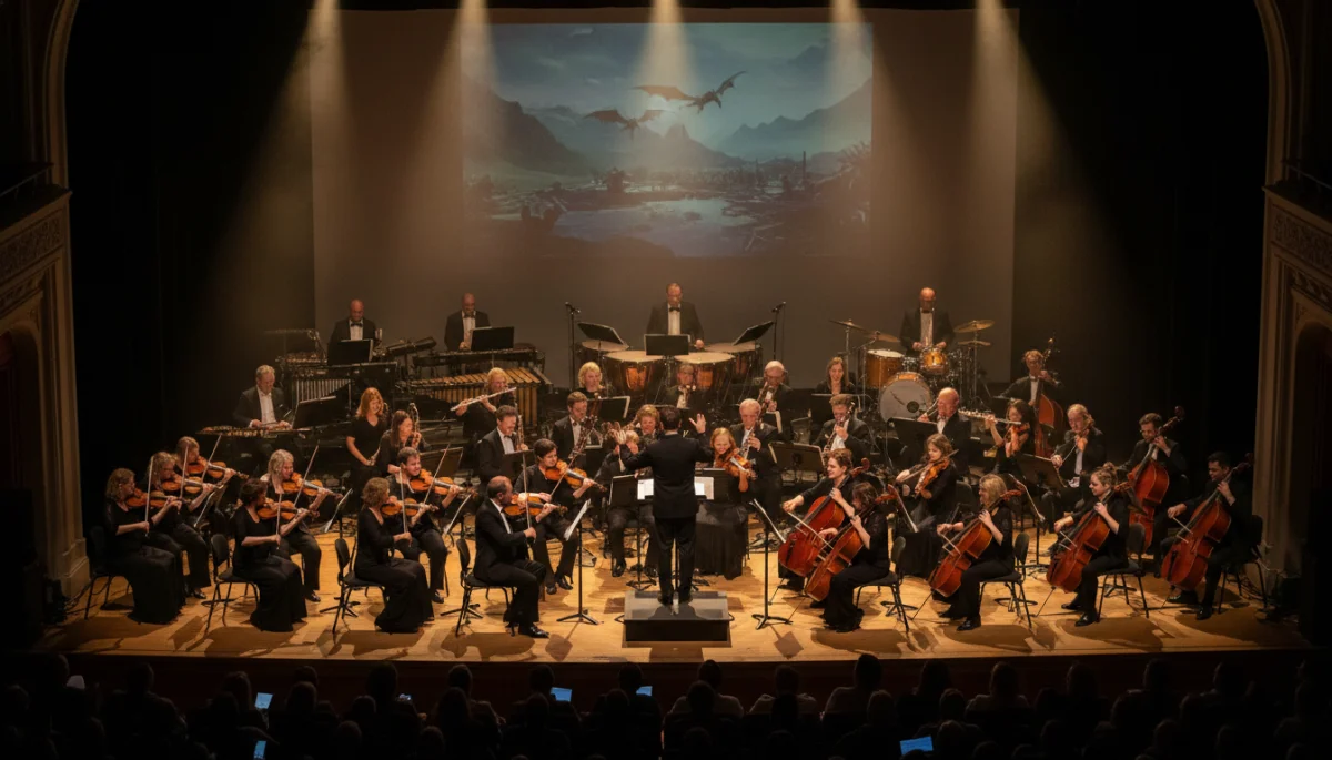 Um grupo diverso de músicos executando uma trilha sonora ao vivo em um palco iluminado, com instrumentos de corda, percussão e sopro, simbolizando a colaboração musical.