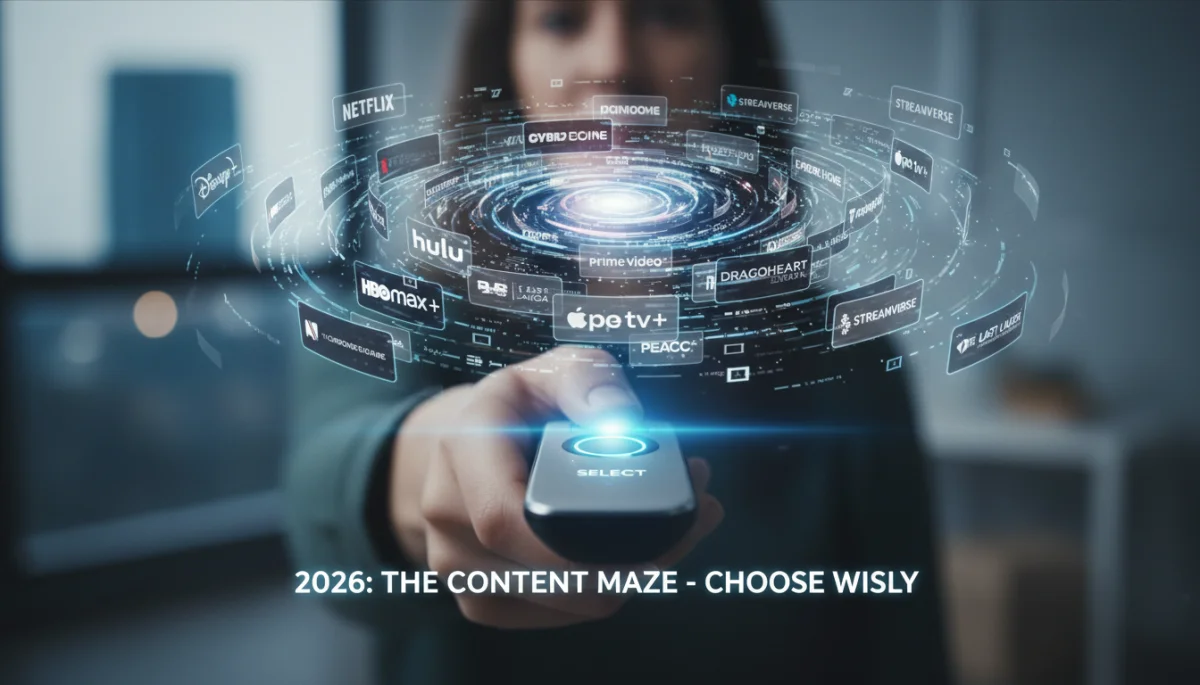 Mão segurando um controle remoto, navegando por diversas opções de séries em uma interface holográfica de streaming em 2026.