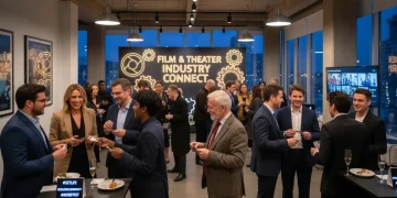 Atores e profissionais da indústria de mini dramas fazendo networking em um evento movimentado, trocando contatos e sorrisos.
