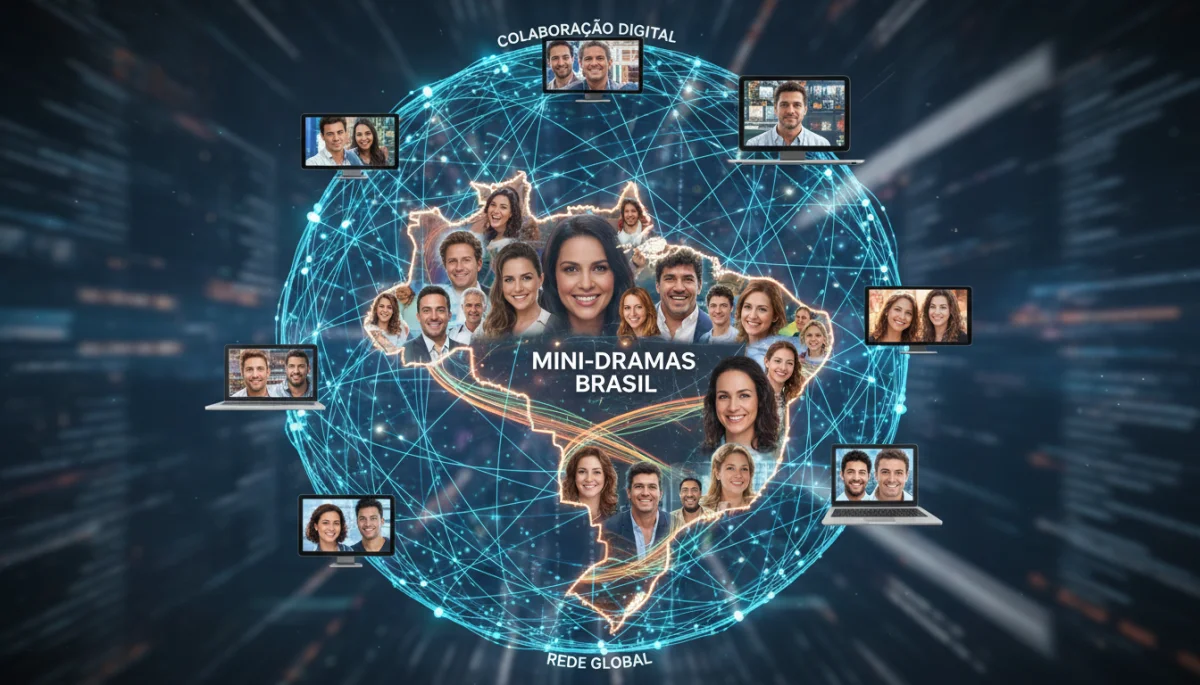 Rede digital interconectada com rostos de atores, representando colaboração e alcance global de mini dramas no Brasil.