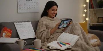 Pessoa sorrindo enquanto organiza sua lista de doramas para 2026 em um tablet, com anotações e um calendário ao redor.