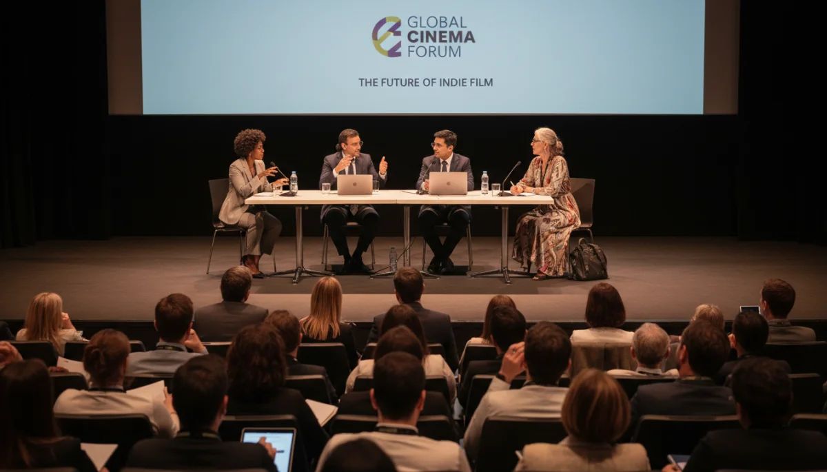 Painel de discussão com especialistas da indústria em um festival, compartilhando conhecimentos com uma plateia atenta.