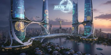 Paisagem urbana futurista no Brasil ao entardecer, com projeções digitais e arquitetura avançada, representando a nova era da ficção científica no país.