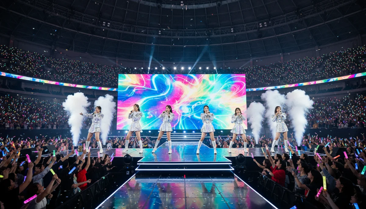 Performance musical de K-pop ou OST de dorama em um palco iluminado, com público vibrante.