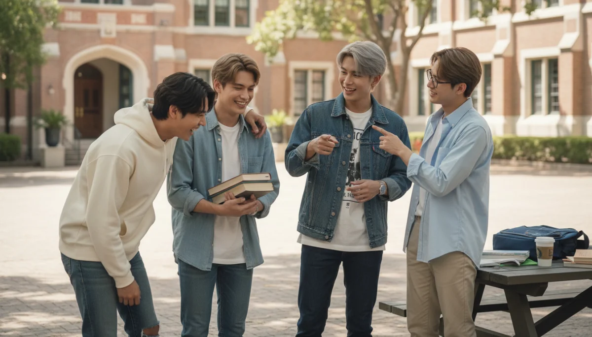Personagens de dorama BL interagindo em campus universitário
