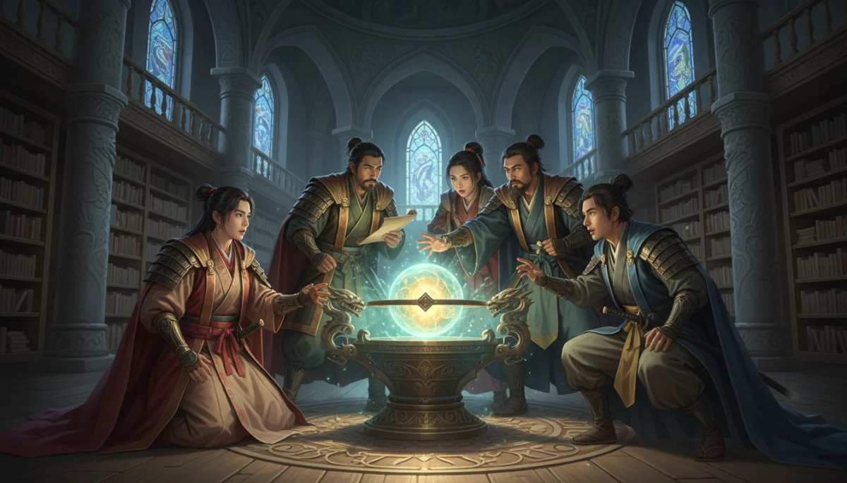 Grupo de personagens de dorama de fantasia japonesa descobrindo artefato antigo em templo místico, com luz suave.