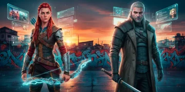 Dois personagens icônicos de séries, um feminino e um masculino, em um cenário urbano brasileiro, representando o impacto na cultura pop.