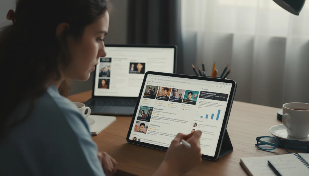 Pessoa pesquisando avaliações e resenhas de doramas em um tablet antes de assistir.