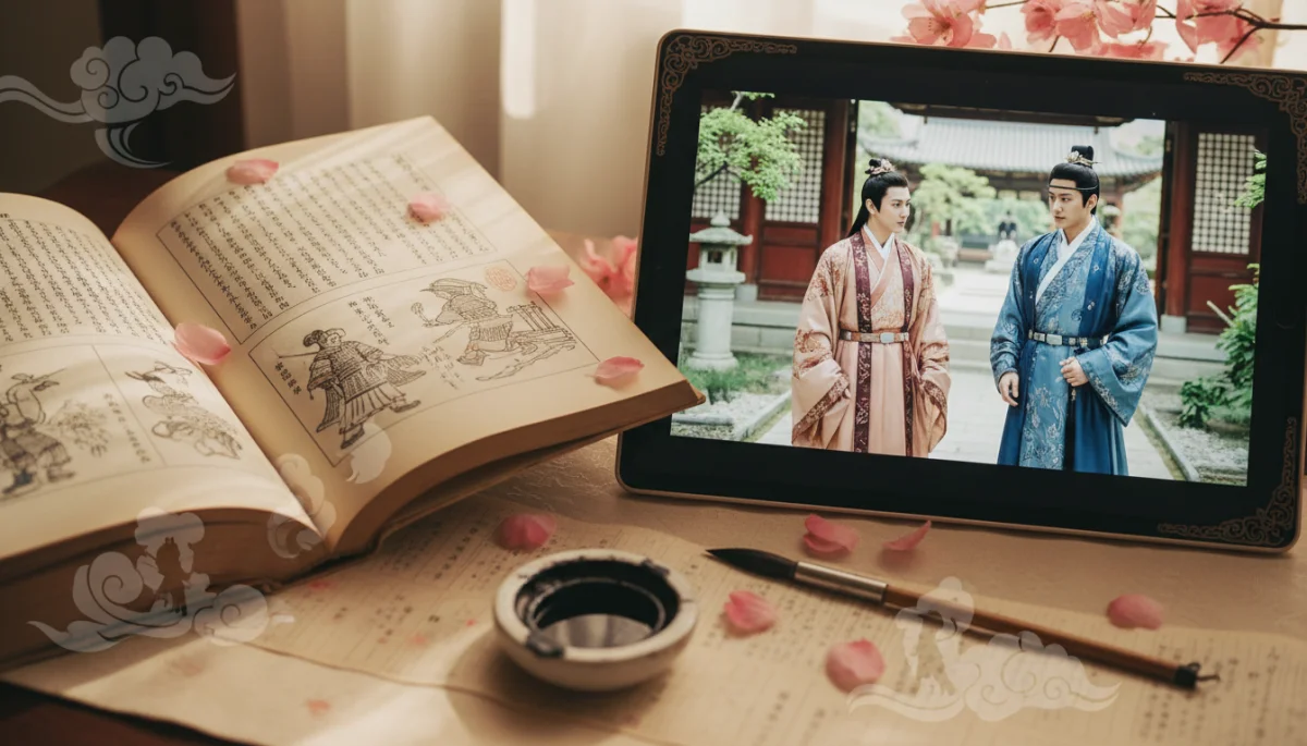 Livro de história aberto e tablet exibindo cena de dorama, representando pesquisa aprofundada.