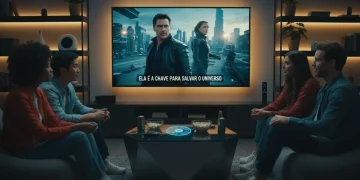 Pessoas assistindo séries internacionais em uma tela de TV no Brasil