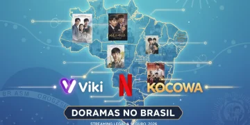 Pôsteres de doramas famosos e logotipos de plataformas de streaming oficiais sobre um mapa estilizado do Brasil, simbolizando o acesso legal a doramas em 2026.