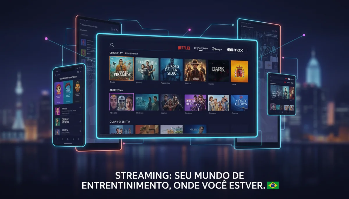 Interfaces de plataformas de streaming exibindo séries internacionais em diferentes dispositivos