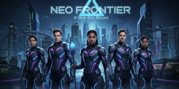 Pôster promocional vibrante de uma série futurista lançada em março de 2026, com elenco diversificado e cenário urbano dramático.