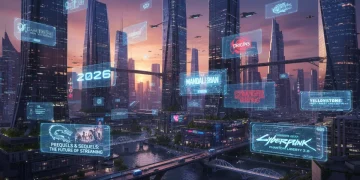 Prequels e sequels dominando o cenário de séries em 2026, com telas holográficas exibindo ícones de programas de TV.