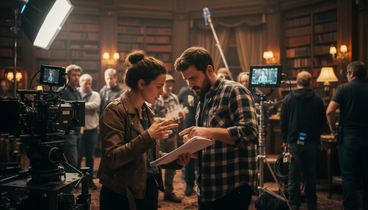 Diretor e roteirista em set de filmagem, discutindo detalhes de uma produção de série.