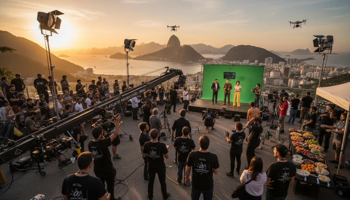 Cena de produção audiovisual brasileira com equipe técnica e atores