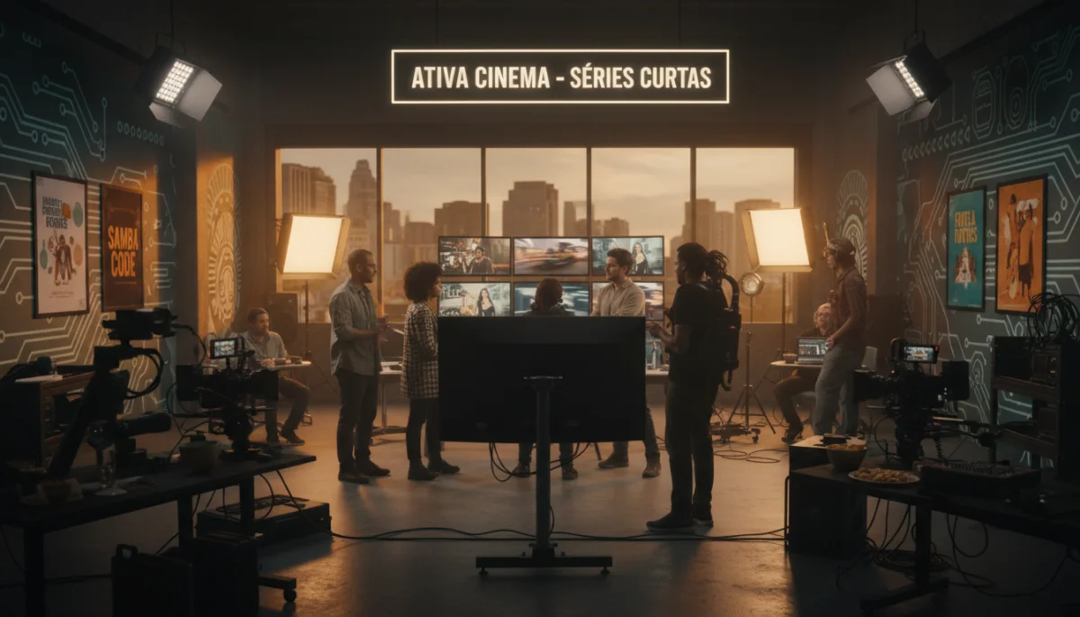 Equipe de produção audiovisual brasileira trabalhando em um estúdio moderno, focada na criação de séries curtas inovadoras.