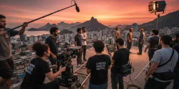 Equipe de produção independente brasileira em um set de filmagem, com equipamentos modernos e horizonte urbano ao fundo, representando o crescimento do setor.