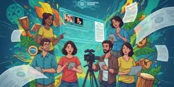 Equipe de produção audiovisual brasileira colaborando em um set de filmagem de minidrama, simbolizando inovação e o impacto da legislação cultural.