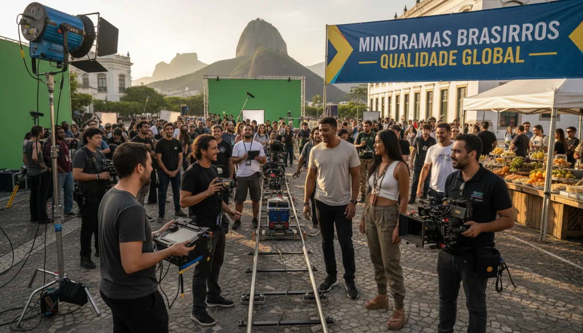 Equipe de produção e atores em um set de filmagem, representando a crescente qualidade das produções de minidramas no Brasil.