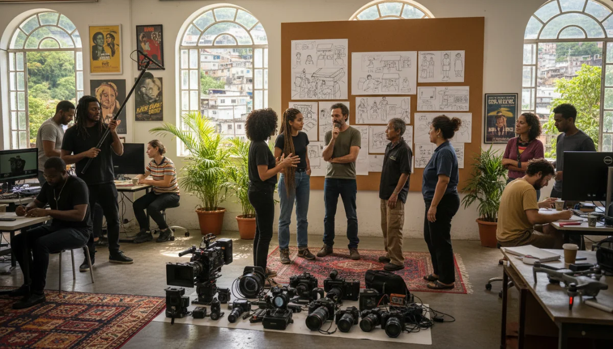 Equipe diversa de produção audiovisual em estúdio brasileiro, criando um minidrama, destacando a colaboração e novas narrativas.