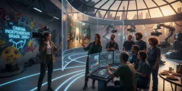Cineastas brasileiros colaborando em um set de filmagem futurista, simbolizando a produção de minidramas independentes no Brasil pós-2025.