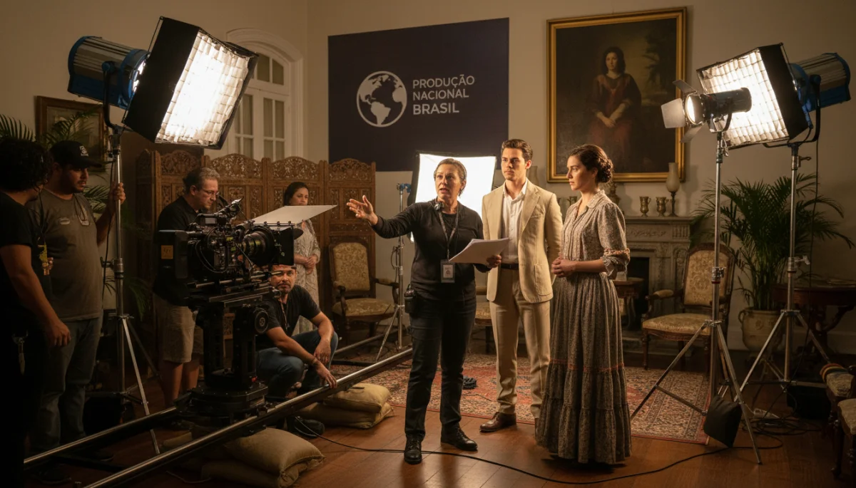 Bastidores de uma produção de série nacional brasileira, destacando a qualidade e o investimento no setor audiovisual.