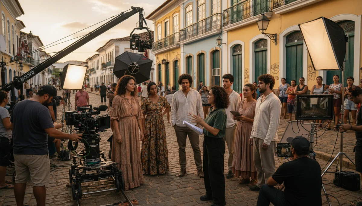 Equipe de produção e atores brasileiros em um set de filmagem, simbolizando o dinamismo das novas séries nacionais.