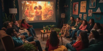 Pessoas assistindo a um minidrama nacional com expressões de emoção e interesse.