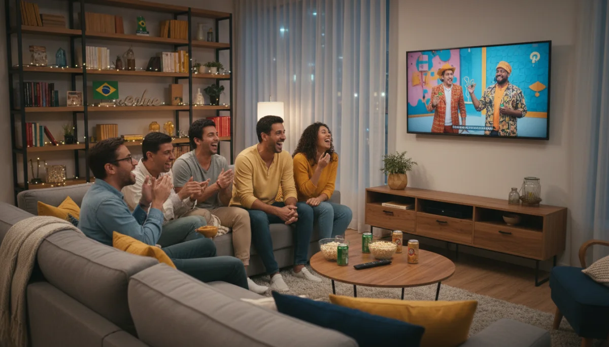 Pessoas assistindo a uma série nacional brasileira em uma plataforma de streaming, celebrando a diversidade do conteúdo.