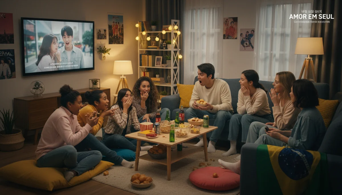 Jovens brasileiros assistindo doramas coreanos com entusiasmo em uma sala, em uma experiência social.