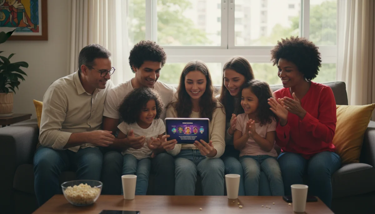 Família brasileira assistindo a um minidrama em tablet, ilustrando o alcance e popularidade.
