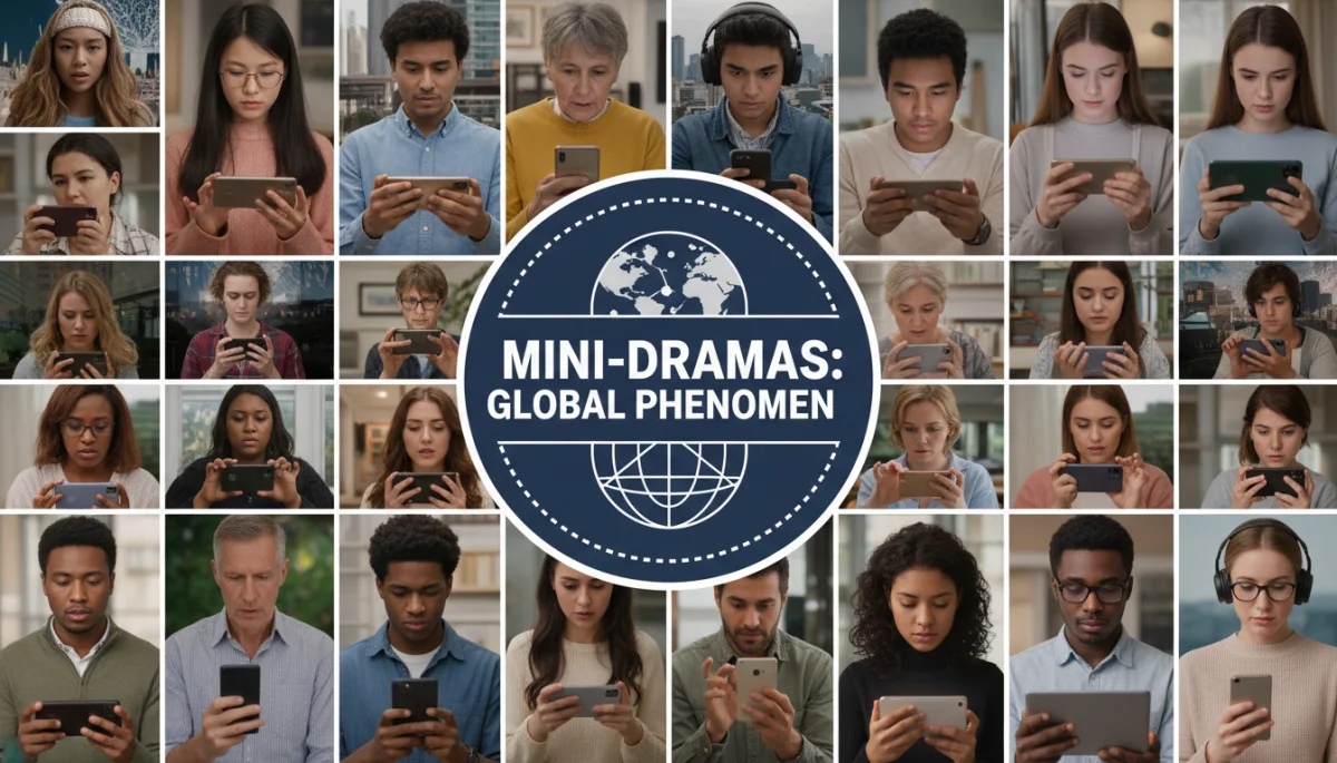 Público global engajado assistindo a minidramas em diferentes dispositivos, representando a universalidade do formato.