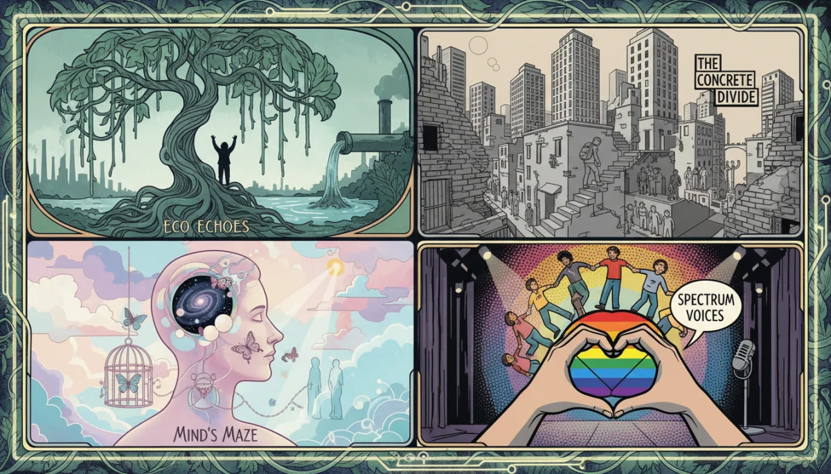 Mosaico de quatro imagens estilizadas, cada uma representando um minidrama nacional de 2026 e seus temas sociais relevantes.