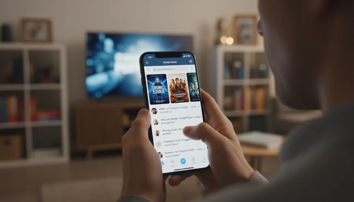Pessoa navegando em redes sociais no smartphone, com destaque para a descoberta de novas séries e discussões.