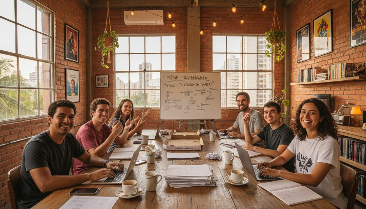 Roteiristas brasileiros jovens e diversos colaborando em uma mesa, criando ideias para uma nova série independente, em um ambiente criativo.