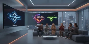 Pessoas assistindo a três logotipos de séries futuristas em uma tela de TV, simbolizando os lançamentos de 2026.