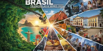 Capa ilustrativa com elementos da cultura brasileira e cenas de séries, representando as produções nacionais mais aguardadas de 2026.