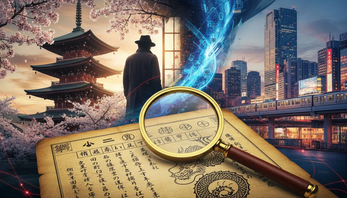 Montagem de símbolos de doramas de mistério japoneses: lupa, silhuetas, edifícios tradicionais e urbanos.