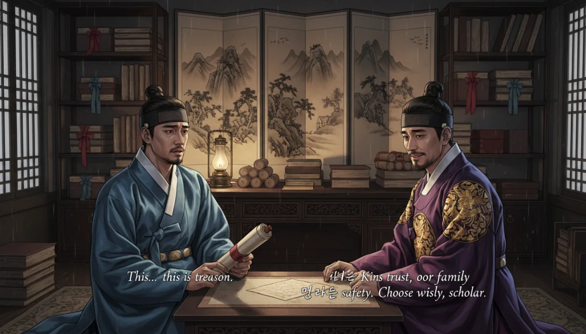 Detalhe de storyboard de um dorama histórico coreano, mostrando figurinos e cenários tradicionais.