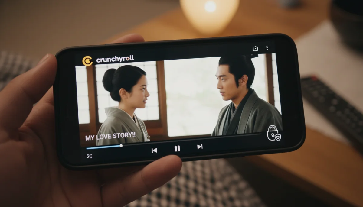 Tela de smartphone exibindo um dorama em plataforma oficial, com ícone de segurança, representando consumo legal e seguro.