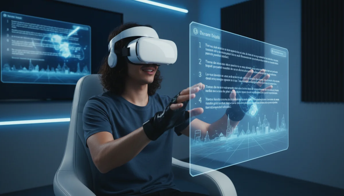 Jovem ator brasileiro usando óculos de realidade virtual para ensaio, ilustrando o uso de tecnologia na atuação.