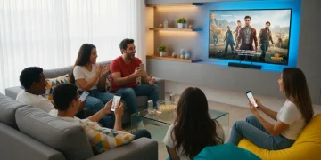 Grupo de amigos brasileiros assistindo a uma série em uma sala moderna, refletindo o consumo coletivo de conteúdo.